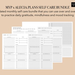 Può includere: Un pacchetto di auto-cura stampabile con un design in bianco e nero. Il pacchetto include una pagina di revisione mensile, una pagina di gratitudine quotidiana, un tracker dell'umore e una pagina per tracciare le affermazioni quotidiane. Il testo "MYP x ALECIA.PLANS SELF CARE BUNDLE" è in cima alla pagina.