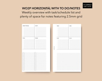 FC Compact Horizontal WO2P 2.5mm Grid, Franklin Covey Compact Weekly Planner To Do List Notes Page, Printable FC Compact Inserts
