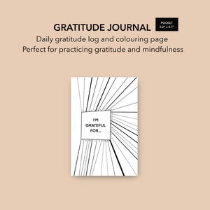 Peut inclure: Journal de gratitude noir et blanc de format poche de 8,1 cm x 12 cm. La couverture présente un motif de lignes rayonnantes et un encadré avec le texte "Je suis reconnaissant pour..."