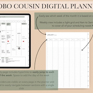 May include: A digital planner with a weekly view, showing a light grid and a 4am to 3am timetable. The planner includes hyperlinks to easily jump to each day of the week. Monthly dividers are visible on every page and are hyperlinked to easily navigate between sections.