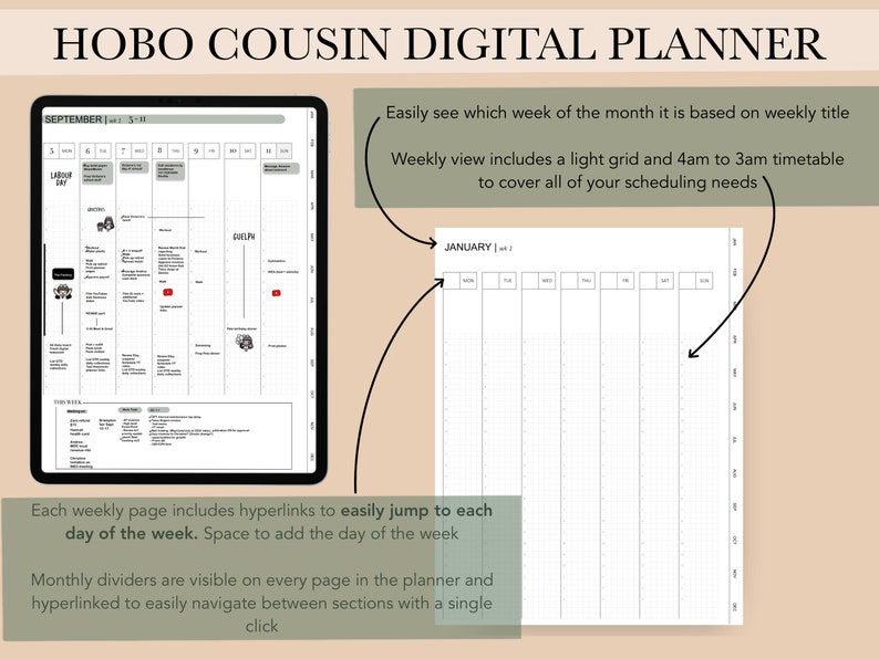 May include: A digital planner with a weekly view, showing a light grid and a 4am to 3am timetable. The planner includes hyperlinks to easily jump to each day of the week. Monthly dividers are visible on every page and are hyperlinked to easily navigate between sections.