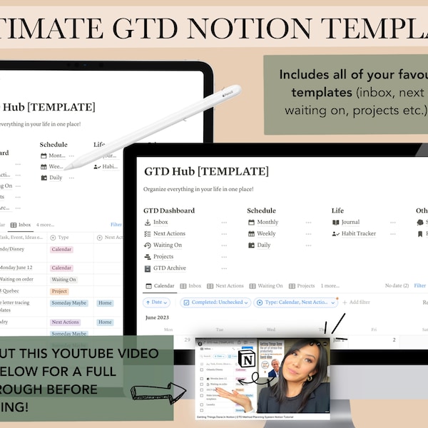 Ultimate GTD Notion Template, Getting Things Done Notion System, GTD by David Allen, GTD Planner System,MomYePlans