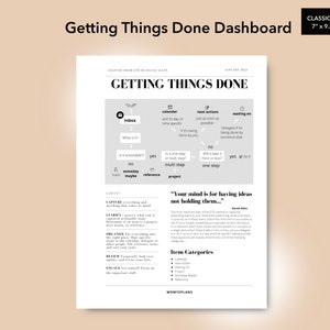 May include: A black and white Getting Things Done dashboard with a flowchart outlining the steps for managing tasks. The flowchart includes categories such as "Inbox", "Calendar", "Next Actions", "Waiting On", "Someday/Maybe", and "Reference". The text "Your mind is for having ideas not holding them..." is also included. The dashboard is titled "Getting Things Done Dashboard" and includes the text "Classic HP 7" x 9.3"".