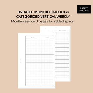 Pocket Size Monthly Fold Out Insert, Categorized Weekly Fold Out, Month on 3 Pages, Week on 3 Pages, Pocket Size Insert