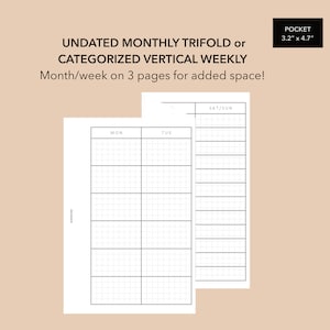 Pocket Size Monthly Fold Out Insert, Categorized Weekly Fold Out, Month on 3 Pages, Week on 3 Pages, Pocket Size Insert