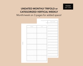 Pocket Size Monthly Fold Out Insert, Categorized Weekly Fold Out, Month on 3 Pages, Week on 3 Pages, Pocket Size Insert