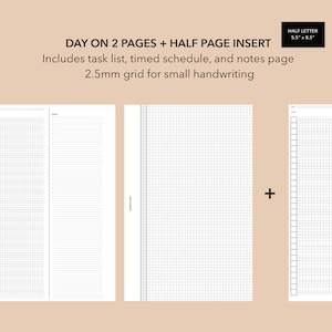 Day on 2 Page Insert Half Letter Discbound, Small Grid Insert, DO2P Levenger Tul Discbound Inserts, Half Page Insert, To Do List Insert