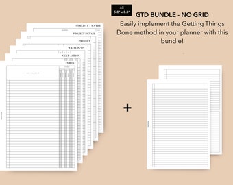 A5 Getting Things Done NO GRID Printable Planner Inserts, GTD Method Insert Bundle, Getting Things Done 2023 Planner