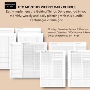 Personal Wide Getting Things Done Printable Planner Inserts, PW Inserts, GTD Method Monthly, Weekly Daily Bundle, GTD David Allen