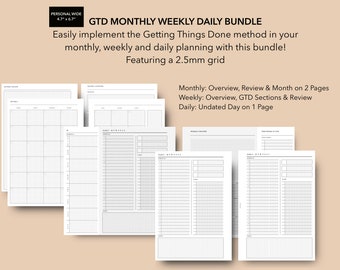 May include: A printable bundle of Getting Things Done (GTD) planner pages featuring monthly, weekly, and daily layouts. The pages are designed with a 2.5 mm grid and include sections for overview, review, and GTD sections. The bundle includes a monthly overview, review, and month on 2 pages, a weekly overview, GTD sections, and review on 1 page, and an undated daily page on 1 page.