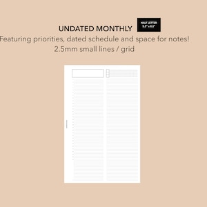 Undated Monthly Insert Half Letter Discbound, Printable Monthly Planner Half Letter Insert, Discbound Small Grid MO1P, LEVENGER, TUL, ARC