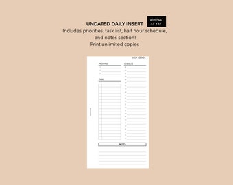 Personal Daily Planner Inserts, Printable Hourly Planner, Filofax Insert Daily Schedule PDF, LV MM Daily Organizer Insert, Daily Agenda