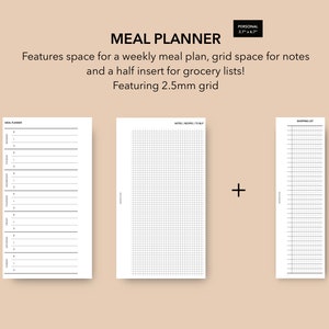 Op de afbeelding: Een printbare maaltijdplanner met drie secties: een wekelijkse maaltijdplanner, een raster voor notities en een boodschappenlijst. De planner is ontworpen voor een notitieboekje in persoonlijk formaat, 9,5 cm bij 17 cm. Het raster heeft een tussenruimte van 2,5 mm.