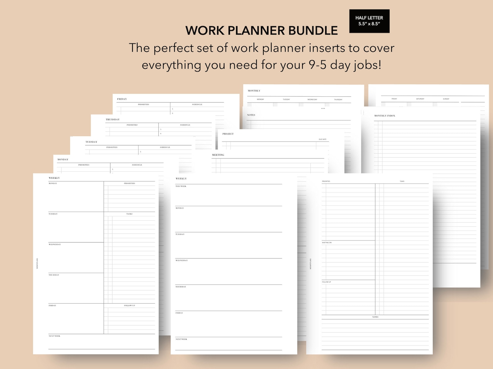 Half Letter Work Planner Inserts Bundle | Productivity Templates ...