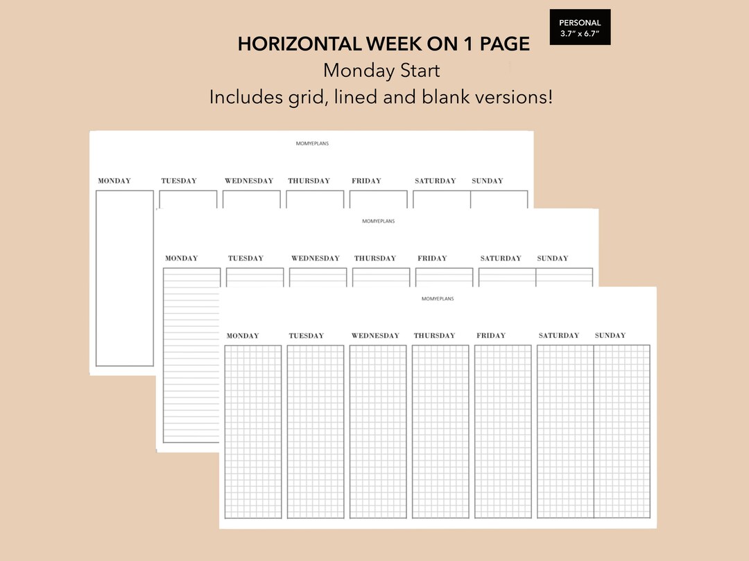 Personal Horizontal Week on 1 Page Lined, Grid, Blank, Printable Weekly ...