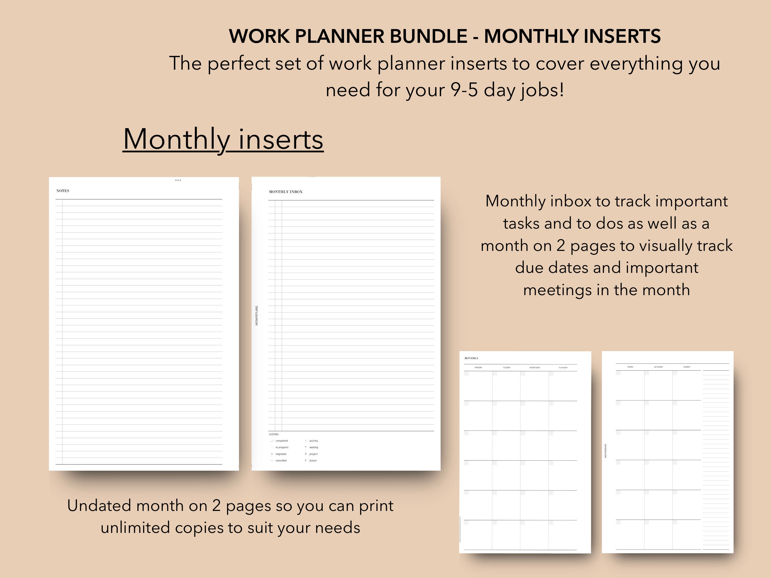 Half Letter Work Planner Inserts Bundle | Productivity Templates ...