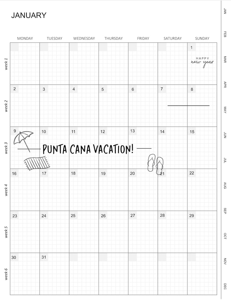 May include: A black and white calendar for January with a grid layout. The calendar includes the days of the week, dates, and a few drawings. The drawing on the 1st is a heart with the text "Happy new year". The drawing on the 10th is a beach umbrella. The drawing on the 17th is a beach towel. The drawing on the 21st is a pair of flip flops. The text "PUNTA CANA VACATION!" is written in bold letters on the 11th.