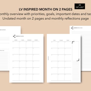 A5 LV Calendar, LV Agenda Inserts, Printable Undated Monthly Planner, LV Ring Planner MO2P, Month on 2 Pages, A5 Monthly Planner