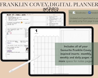 May include: A digital planner with a black and white grid pattern. The planner is open to a monthly calendar page with the number "1" and the word "JANUARY" at the top. The planner is designed to be used with the Goodnotes and Notability apps. The text "Includes all of your favourite Franklin Covey inspired inserts monthly, weekly and daily pages + more space for notes pages!" is at the bottom of the page.