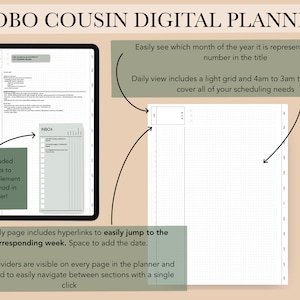 May include: A digital planner with a green and white color scheme. The planner has a daily view with a light grid and a 4am to 3am timetable. The planner also includes a monthly view with dividers and hyperlinks to easily navigate between sections. The planner is designed to help users implement the GTD method.