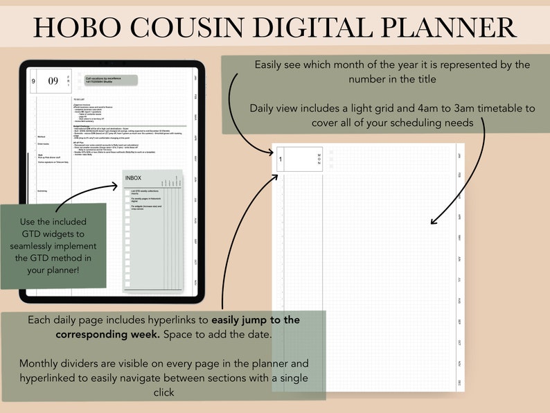 May include: A digital planner with a green and white color scheme. The planner has a daily view with a light grid and a 4am to 3am timetable. The planner also includes a monthly view with dividers and hyperlinks to easily navigate between sections. The planner is designed to help users implement the GTD method.
