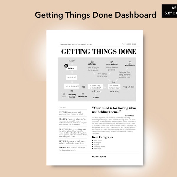 A5 Getting Things Done System Dashboard, A5 Printable Dashboard, Getting Things Done by David Allen, MomYePlans Getting Things Done