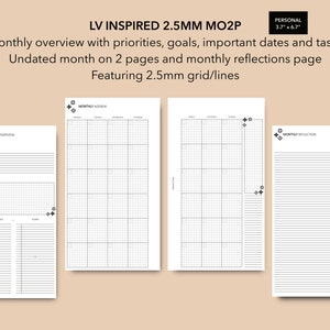 Personal Size 2.5mm Grid LV Calendar, Printable Undated Monthly Planner, LV Ring Planner MO2P, Small Grid Month on 2 Pages, Monthly Planner