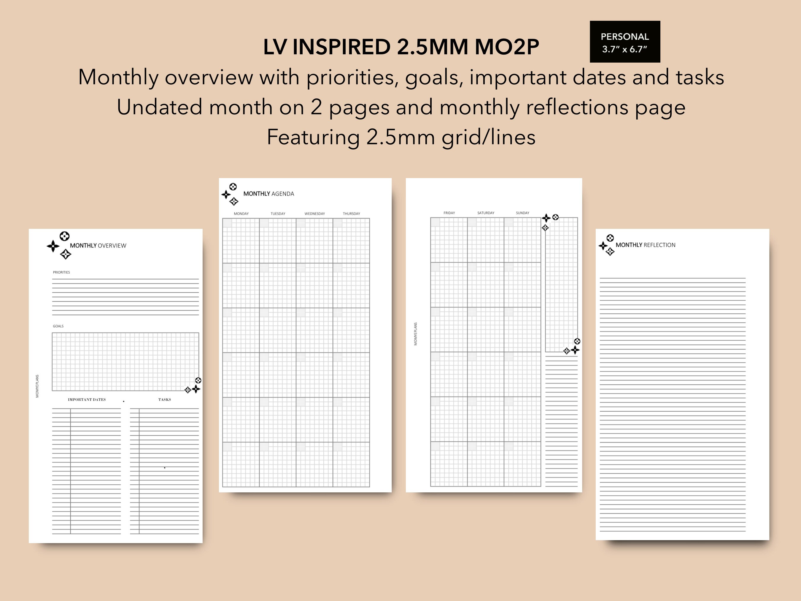 Personal Size 2.5mm Grid LV Calendar Printable Undated Etsy