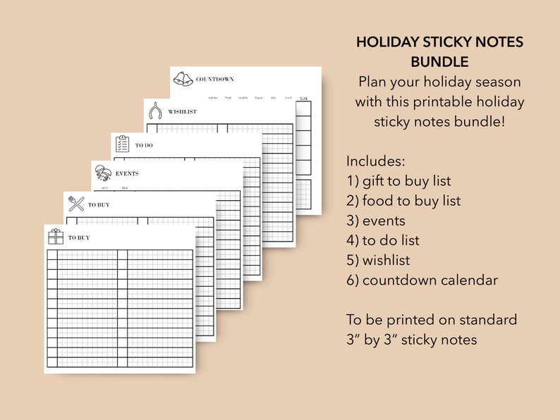 Puede incluir: Plantillas de notas adhesivas para las fiestas imprimibles para un calendario de cuenta atr&aacute;s, una lista de regalos, una lista de alimentos, una lista de tareas, una lista de deseos y eventos. Las notas est&aacute;n dise&ntilde;adas para imprimirse en notas adhesivas est&aacute;ndar de 7,6 cm por 7,6 cm.