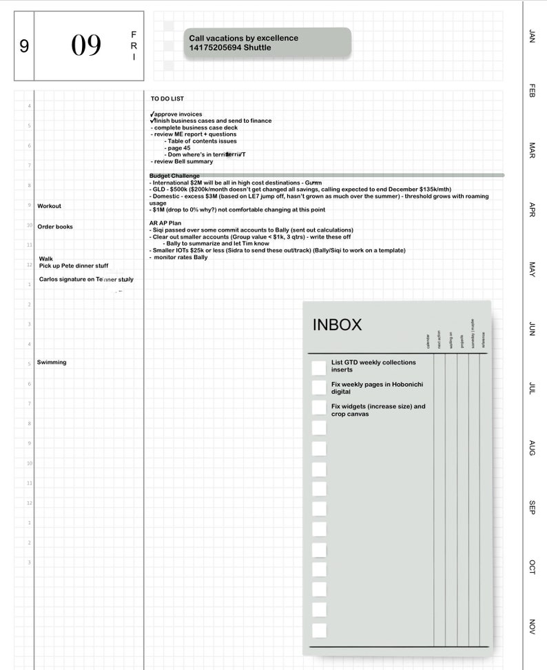 May include: A weekly planner with a grid layout and a to-do list for the week of September 9th. The to-do list includes tasks such as approving invoices, finishing business cases, and reviewing reports. The planner also includes a section for a budget challenge and an AR AP plan. The planner has a section labeled "Inbox" with a list of tasks such as "List GTD weekly collections inserts" and "Fix weekly pages in Hobonichi digital".