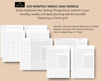 A5 Getting Things Done Printable Planner Inserts, GTD Method Monthly, Weekly Daily Bundle, Getting Things Done 2023 Planner, GTD David Allen