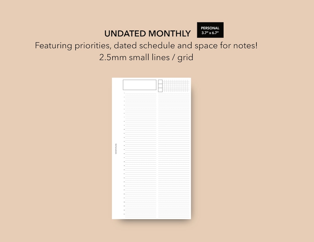 Personal Size Monthly Insert Small Grid MO1P Insert, Month on 1 Page ...