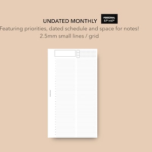 Personal Size Monthly Insert Small Grid MO1P Insert, Month on 1 Page Insert, Filofax Personal Size Monthly Planner LV MM Agenda Refill