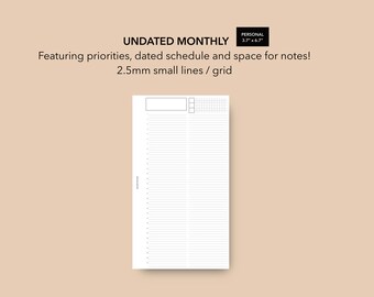 Personal Size Monthly Insert Small Grid MO1P Insert, Month on 1 Page Insert, Filofax Personal Size Monthly Planner LV MM Agenda Refill