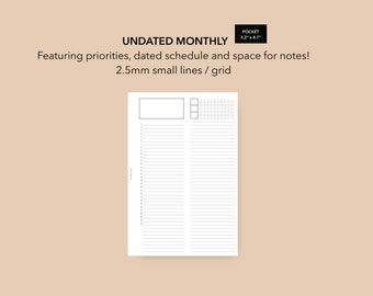 May include: Undated monthly planner with a grid and lined sections. The planner is 3.2 inches by 4.7 inches and features 2.5 mm small lines and a grid.