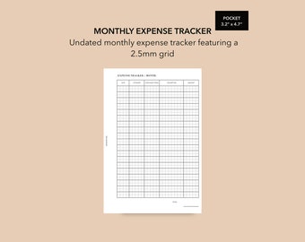 May include: Black and white printable monthly expense tracker with a 2.5 mm grid. The tracker has columns for date, category, purchased item, description, and amount. The tracker is designed for a pocket-sized notebook.