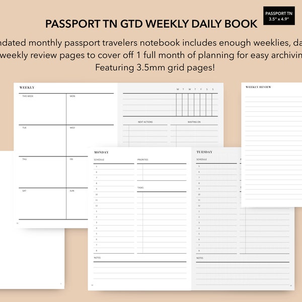 Passport TN GTD Weekly Daily Notebook, Passport Travelers Notebook Monthly Insert, Getting Things Done Notebook, Printable Passport TN Book