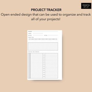 May include: A black and white printable project tracker template with the title "Project Tracker" and the text "Open ended design that can be used to organize and track all of your projects!"  The template includes sections for project name, category, start date, end date, progress tracker, and action plan.