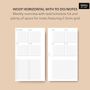 Personal Horizontal WO2P 2.5mm Grid, Personal Weekly Planner To Do List Notes Page, Filofax Personal Insert, LV MM Agenda Refill