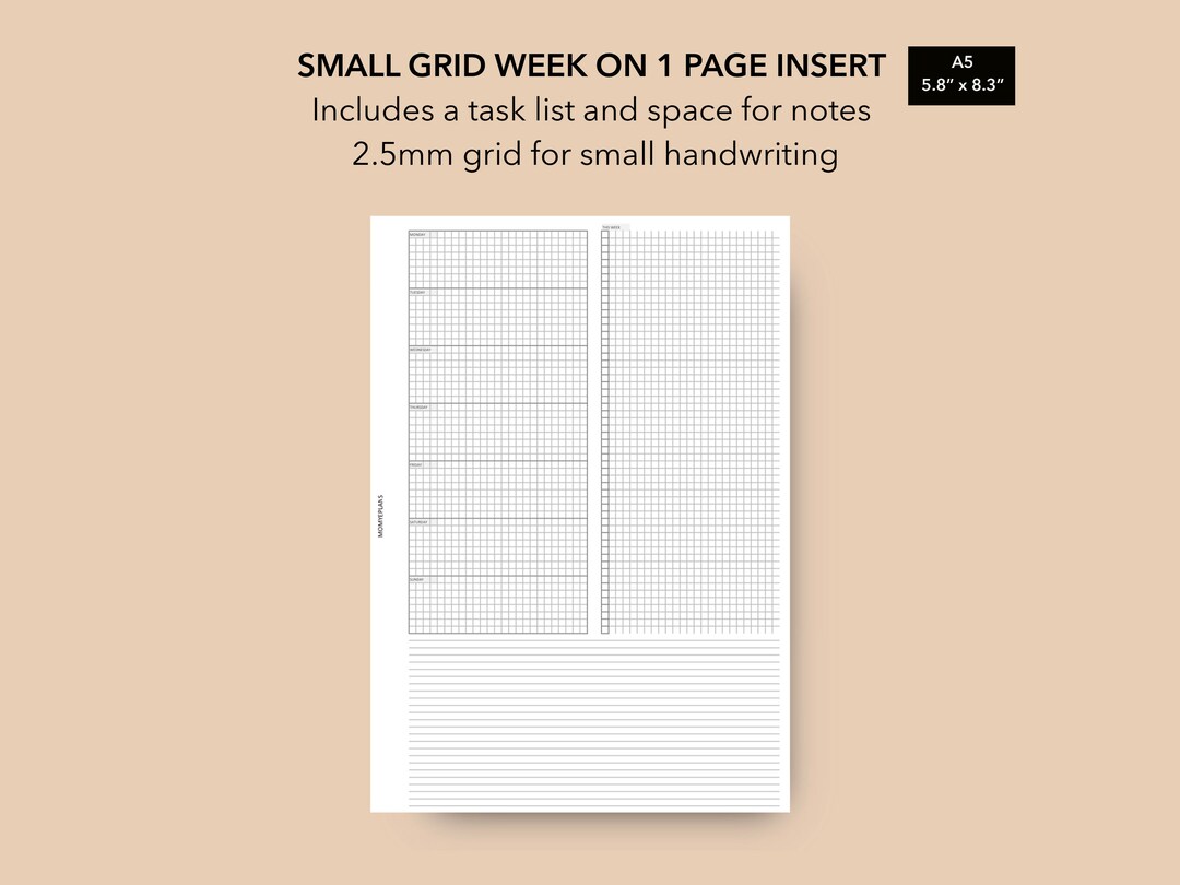 A5 Size Week on 1 Page Insert Small Grid WO1P Insert, Week on 1 Page ...