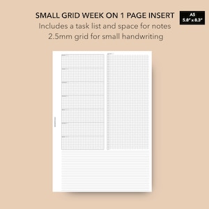 A5 Size Week on 1 Page Insert Small Grid WO1P Insert, Week on 1 Page Insert, Filofax A5 Size Weekly Planner Refill, LV GM Agenda Refill