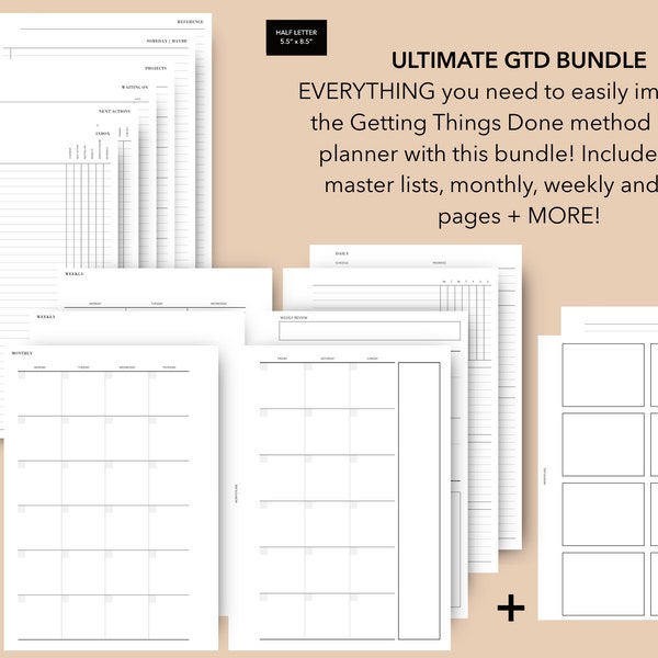 Half Letter Ultimate GTD Bundle Printable Planner Inserts, Half Letter GTD Method Inserts, Getting Things Done Planner, GTD by David Allen