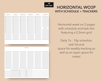 A5 Horizontal Semanal con Horario y Rastreador Cuadrícula de 2,5 mm, Inserto de Planificador Semanal, Recambio Filofax A5, Agenda LV GM WO2P, Inserto A5 imprimible