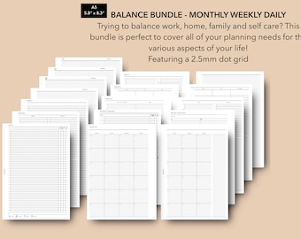 A5 Monthly Weekly Daily Balance Bundle printable inserts, home and work planner, Filofax A5 refill, inbox errand list inserts, Day on 2 page