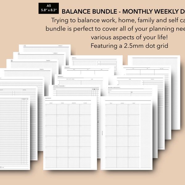 A5 Monthly Weekly Daily Balance Bundle druckbare Einlagen, Heim- und Arbeitsplaner, Filofax A5 Refill, Inbox Besorgungslisten Einlagen, Tag auf 2 Seite