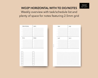 Pocket Horizontal WO2P 2.5mm Grid, Pocket Weekly Planner To Do List Notes Page, Filofax Pocket Insert, LV PM Agenda Refill