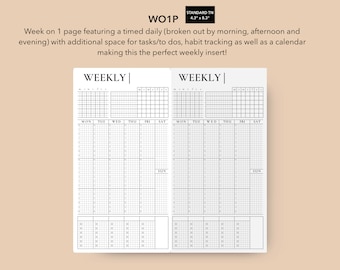 Puede incluir: Un planificador semanal imprimible en blanco y negro con un diseño de cuadrícula. El planificador está dividido en dos columnas, cada una con un horario diario, un seguimiento de hábitos y un calendario. El planificador está etiquetado como "WEEKLY".