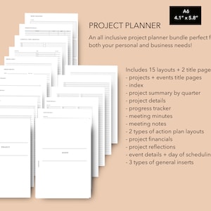May include: A black and white image of a project planner bundle. The bundle includes 15 layouts and 2 title pages. The text on the image reads "PROJECT PLANNER" and "An all inclusive project planner bundle perfect for both your personal and business needs!"