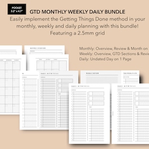 May include: A printable planner bundle for a pocket-sized notebook. The bundle includes monthly, weekly, and daily pages with a 2.5 mm grid. The pages are designed to help users implement the Getting Things Done method.