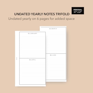 May include: A black and white printable undated yearly notes trifold planner with six pages. The planner is divided into six sections, each labeled with a month: January, March, April, June, July, and September. The planner is 3.7 inches by 6.7 inches.